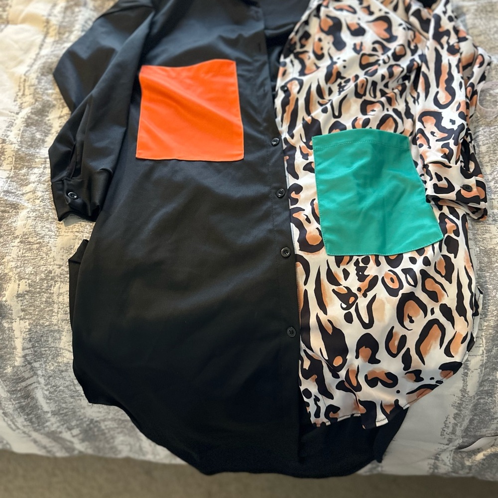 Stylish Black and Leopard Print Women's shirt dress size S